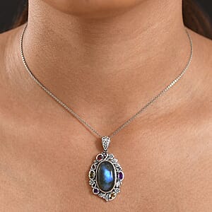  D'Joy Artisan Crafted Malagasy Labradorite and Multi Gemstone 13.40 ctw Pendant without Chain in Sterling Silver