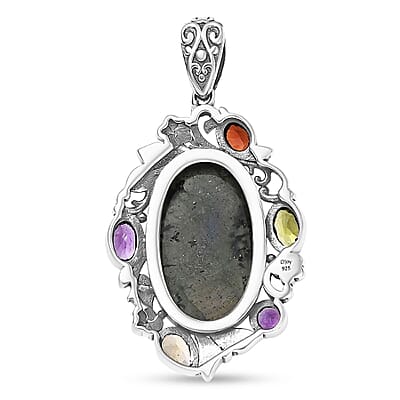 D'Joy Artisan Crafted Malagasy Labradorite and Multi Gemstone 13.40 ctw Pendant without Chain in Sterling Silver