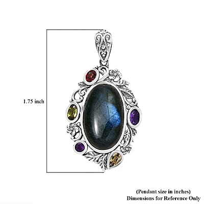 D'Joy Artisan Crafted Malagasy Labradorite and Multi Gemstone 13.40 ctw Pendant without Chain in Sterling Silver