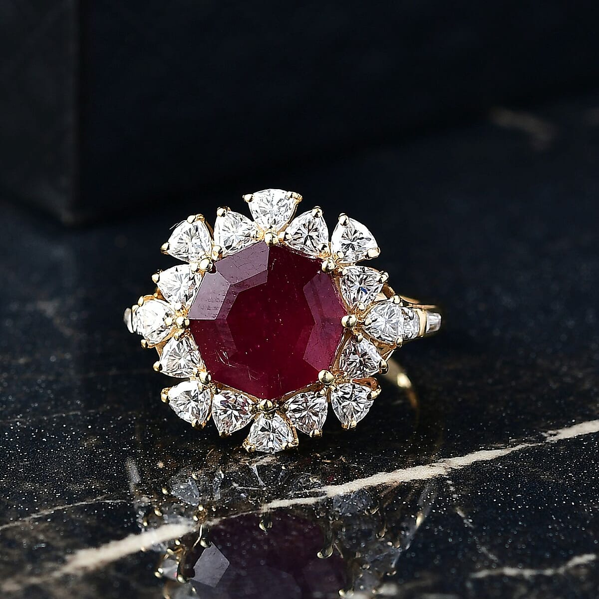 D'Joy Niassa Ruby (FF) and Moissanite 8.15 ctw Ring in 18K Vermeil Yellow Gold Over Sterling Silver (Size 7.0) image number 1
