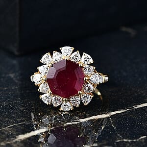D'Joy Niassa Ruby (FF) and Moissanite 8.15 ctw Ring in 18K Vermeil Yellow Gold Over Sterling Silver (Size 7.0)