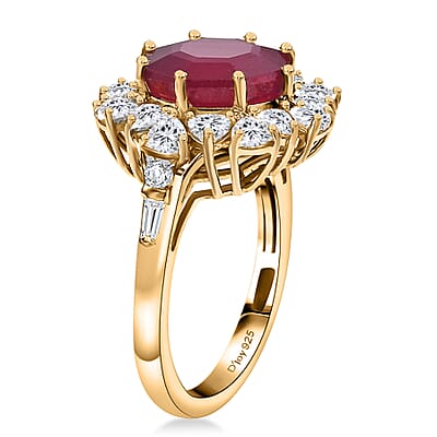 D'Joy Niassa Ruby (FF) and Moissanite 8.15 ctw Dahlia Flower Ring in 18K Vermeil Yellow Gold Over Sterling Silver (Size 7.0)