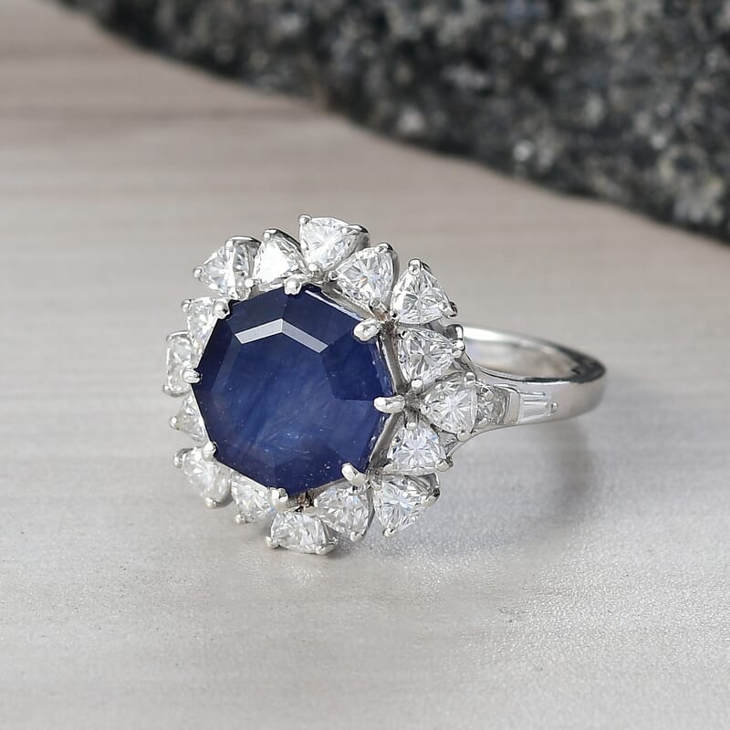 D'Joy Masoala Sapphire (DF) and Moissanite 8.15 ctw Dahlia Flower Ring in Rhodium Over Sterling Silver (Size 10.0)