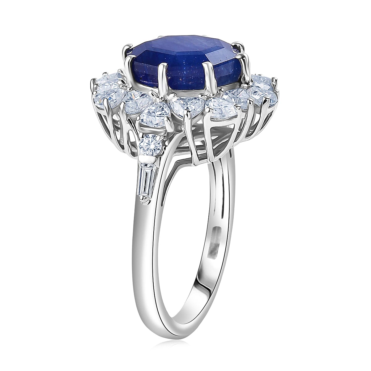 D'Joy Masoala Sapphire (DF) and Moissanite 8.15 ctw Dahlia Flower Ring in Rhodium Over Sterling Silver (Size 10.0)