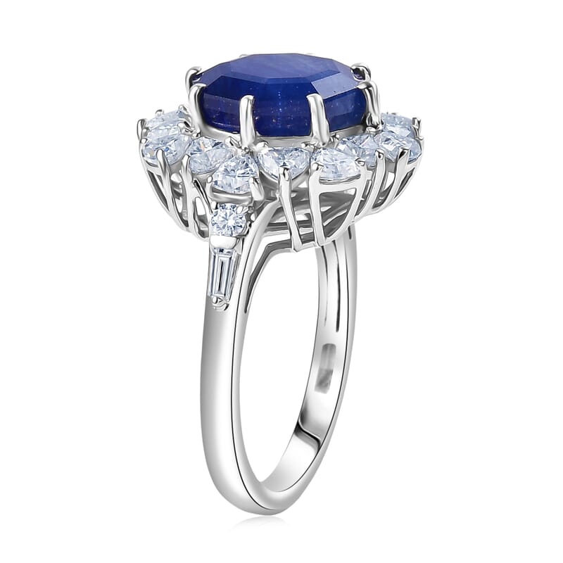 D'Joy Masoala Sapphire (DF) and Moissanite 8.15 ctw Dahlia Flower Ring in Rhodium Over Sterling Silver (Size 10.0)