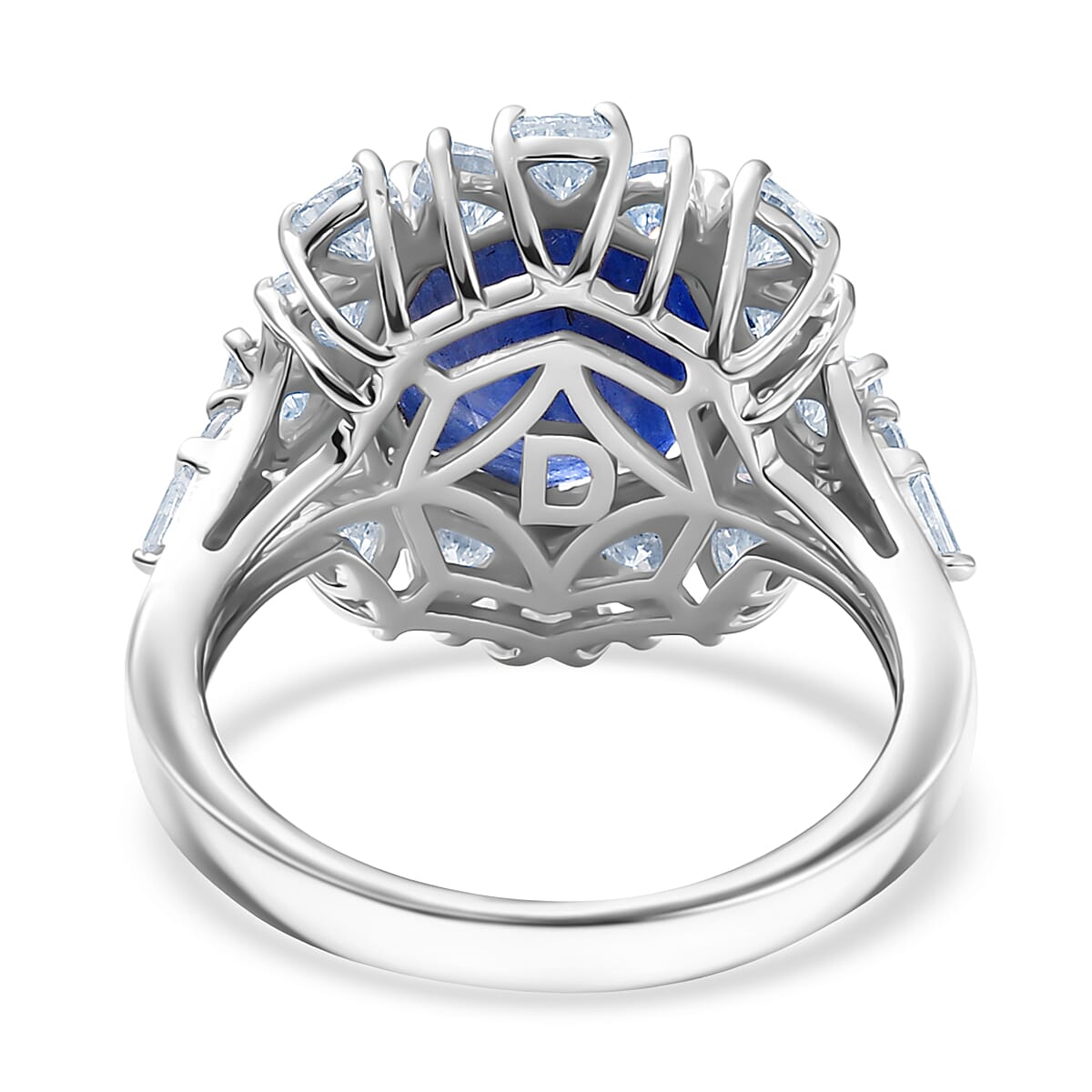 D'Joy Masoala Sapphire (DF) and Moissanite 8.15 ctw Dahlia Flower Ring in Rhodium Over Sterling Silver (Size 10.0)