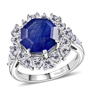 D'Joy Masoala Sapphire (D) and Moissanite 8.15 ctw Dahlia Flower Ring in Rhodium Over Sterling Silver (Size 7.0)