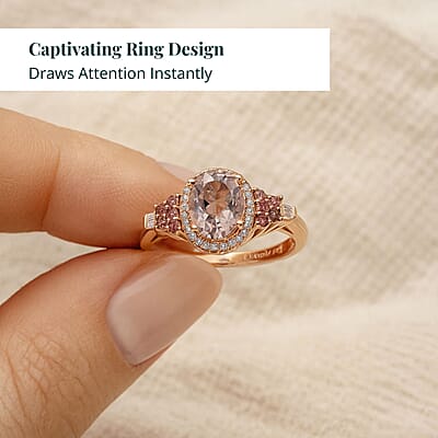 Pink Morganite, Padparadscha Sapphire, Luxuriant Lab Grown Diamond 2.10 ctw Regal Crest Ring in 18K Vermeil Rose Gold Over Sterling Silver (Size 10.0) 