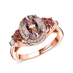 Pink Morganite, Padparadscha Sapphire, Luxuriant Lab Grown Diamond 2.10 ctw Regal Crest Ring in 18K Vermeil Rose Gold Over Sterling Silver (Size 7.0) 
