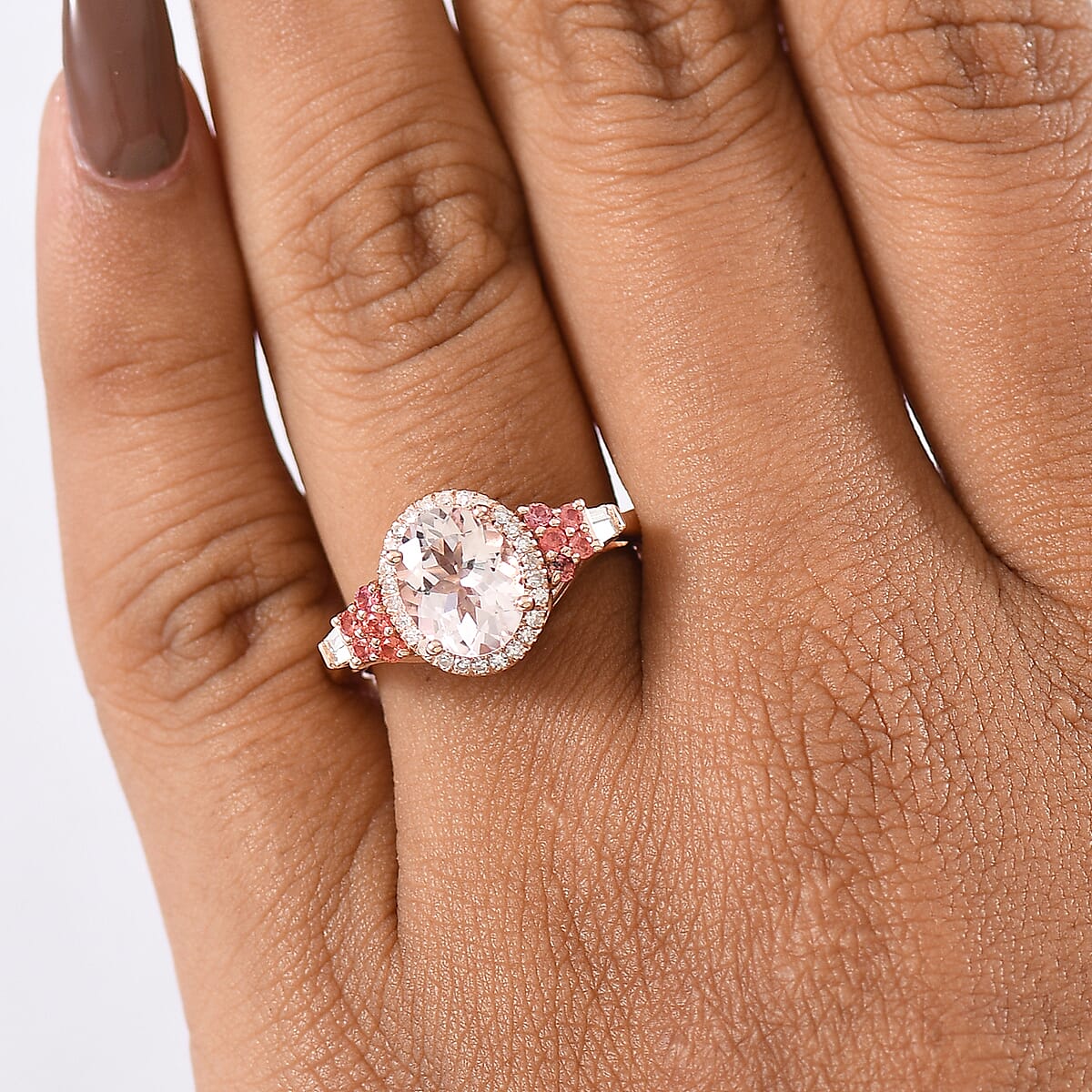 Pink Morganite, Padparadscha Sapphire, Luxuriant Lab Grown Diamond 2.10 ctw Regal Crest Ring in 18K Vermeil Rose Gold Over Sterling Silver (Size 8.0)  image number 2