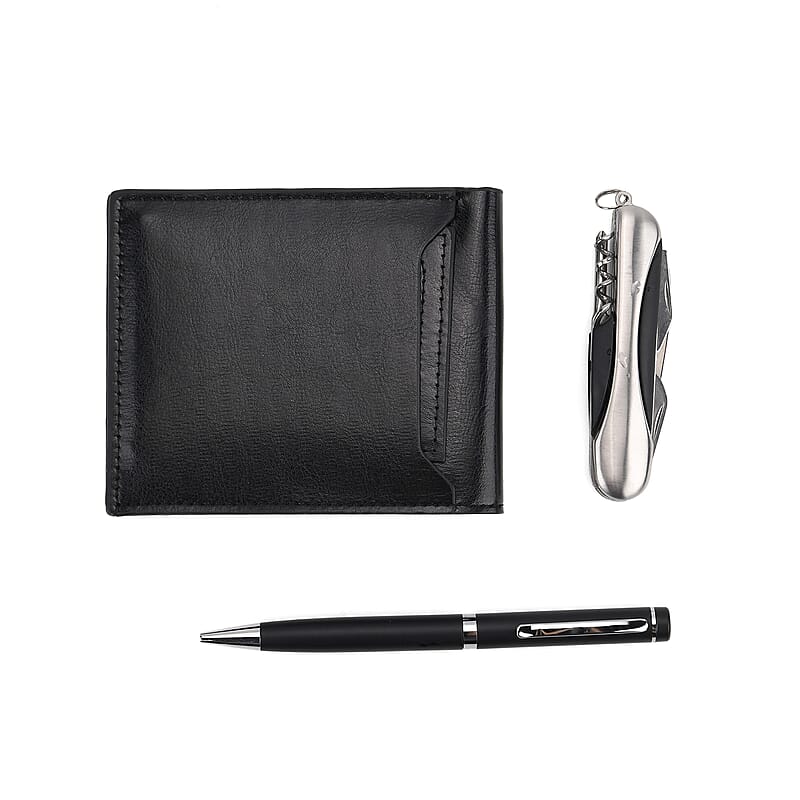Livmore Black Faux Leather Purse with RFID Card, Pen and Multipurpose Knife Set