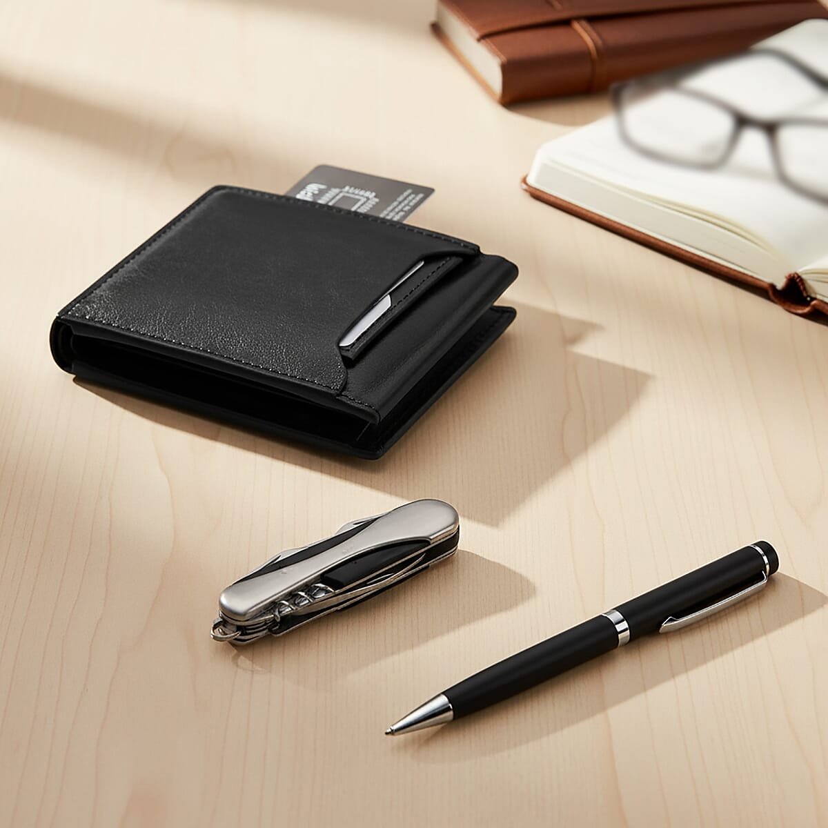 Livmore Black Faux Leather RFID-blocking Purse with RFID Card, Pen and Multipurpose Knife image number 1