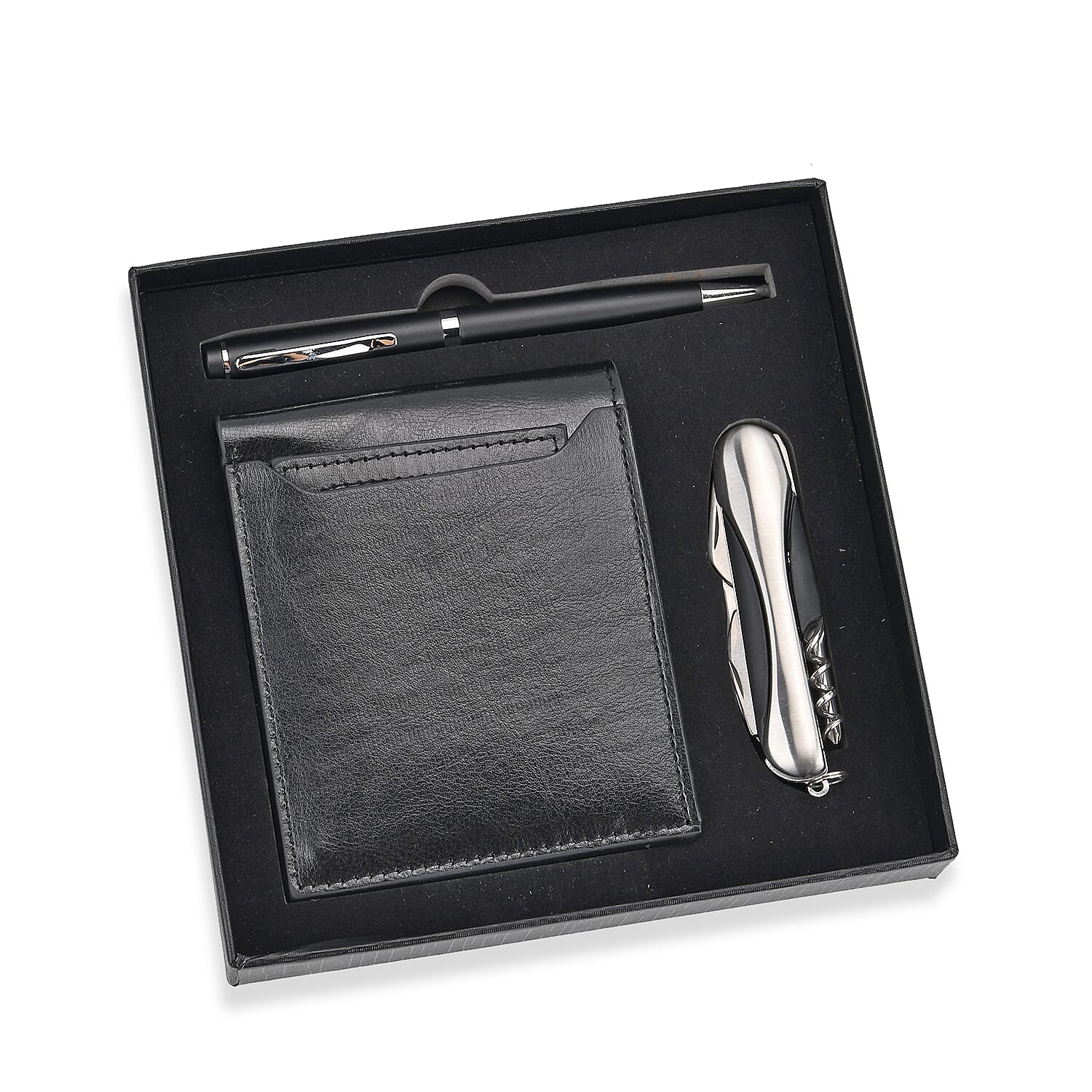 Livmore Black Faux Leather Purse with RFID Card, Pen and Multipurpose Knife Set