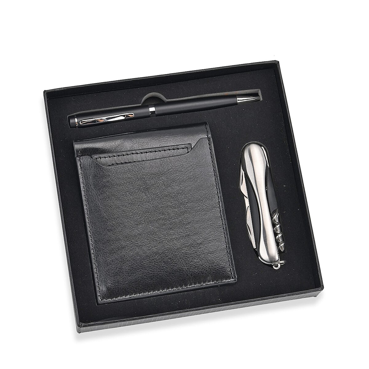 Livmore Black Faux Leather RFID-blocking Purse with RFID Card, Pen and Multipurpose Knife image number 2
