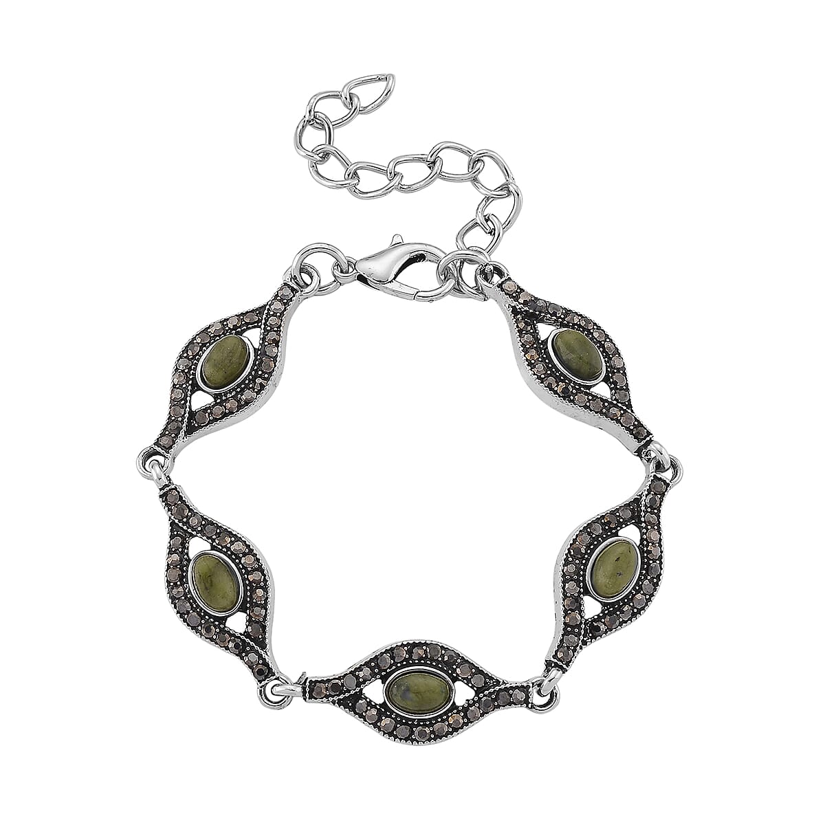 Connemara Marble and Austrian Crystal Beaded 22.00 ctw Irish Eye Bracelet in Silvertone (6.5-8.5In)  image number 0
