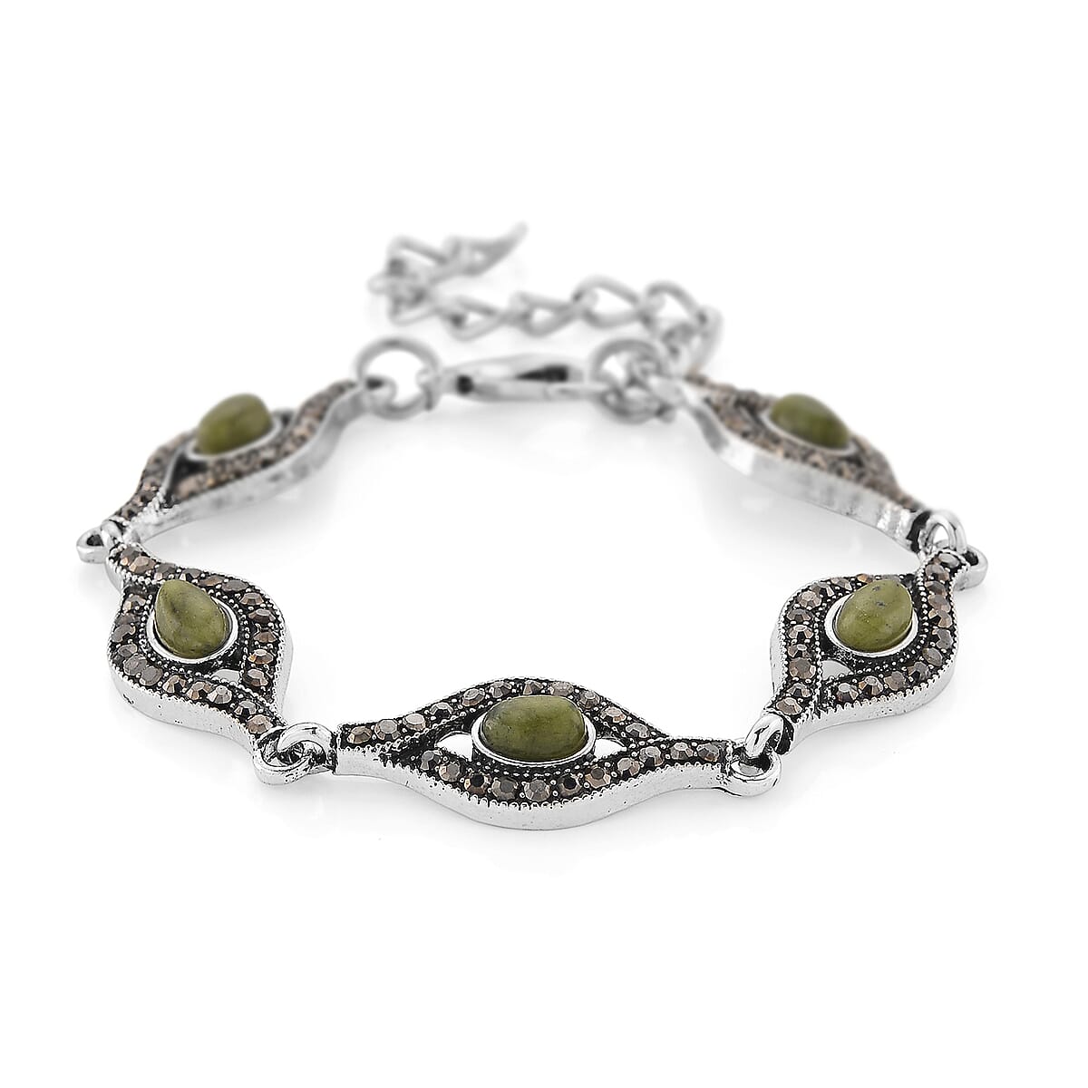 Connemara Marble and Austrian Crystal Beaded 22.00 ctw Irish Eye Bracelet in Silvertone (6.5-8.5In)  image number 2