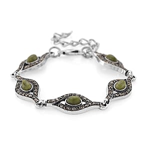 Connemara Marble and Austrian Crystal Beaded 22.00 ctw Irish Eye Bracelet in Silvertone (6.5-8.5In) 