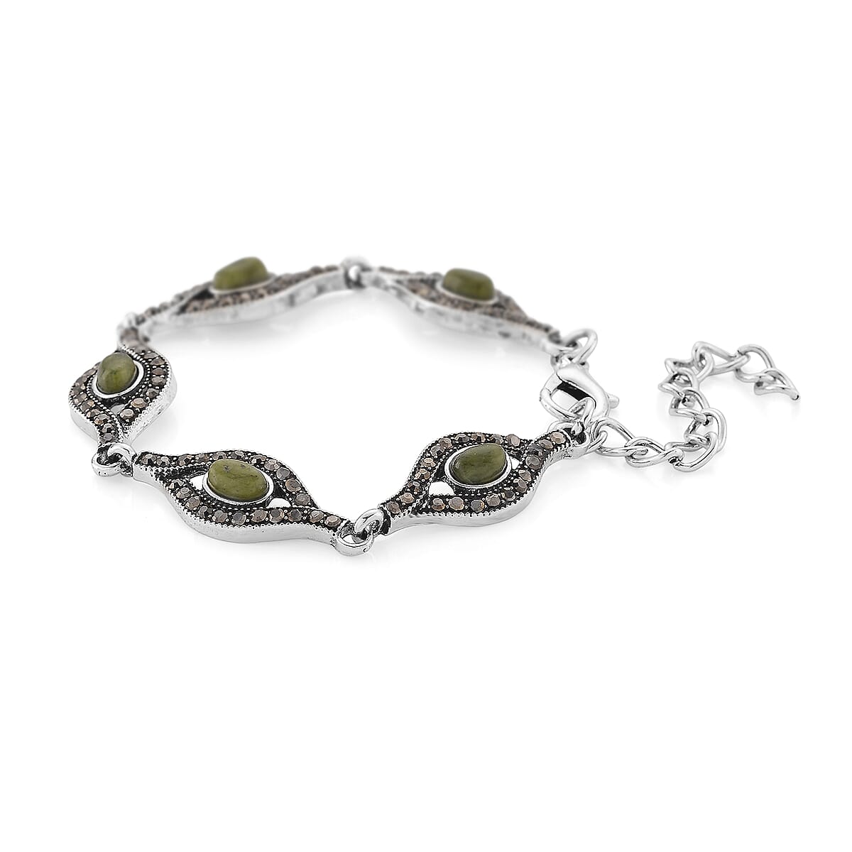 Connemara Marble and Austrian Crystal Beaded 22.00 ctw Irish Eye Bracelet in Silvertone (6.5-8.5In)  image number 3