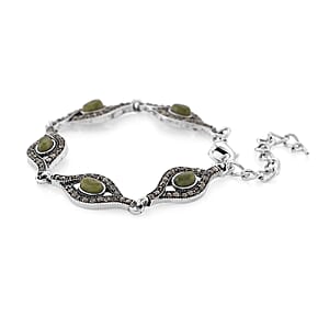 Connemara Marble and Austrian Crystal Beaded 22.00 ctw Irish Eye Bracelet in Silvertone (6.5-8.5In) 