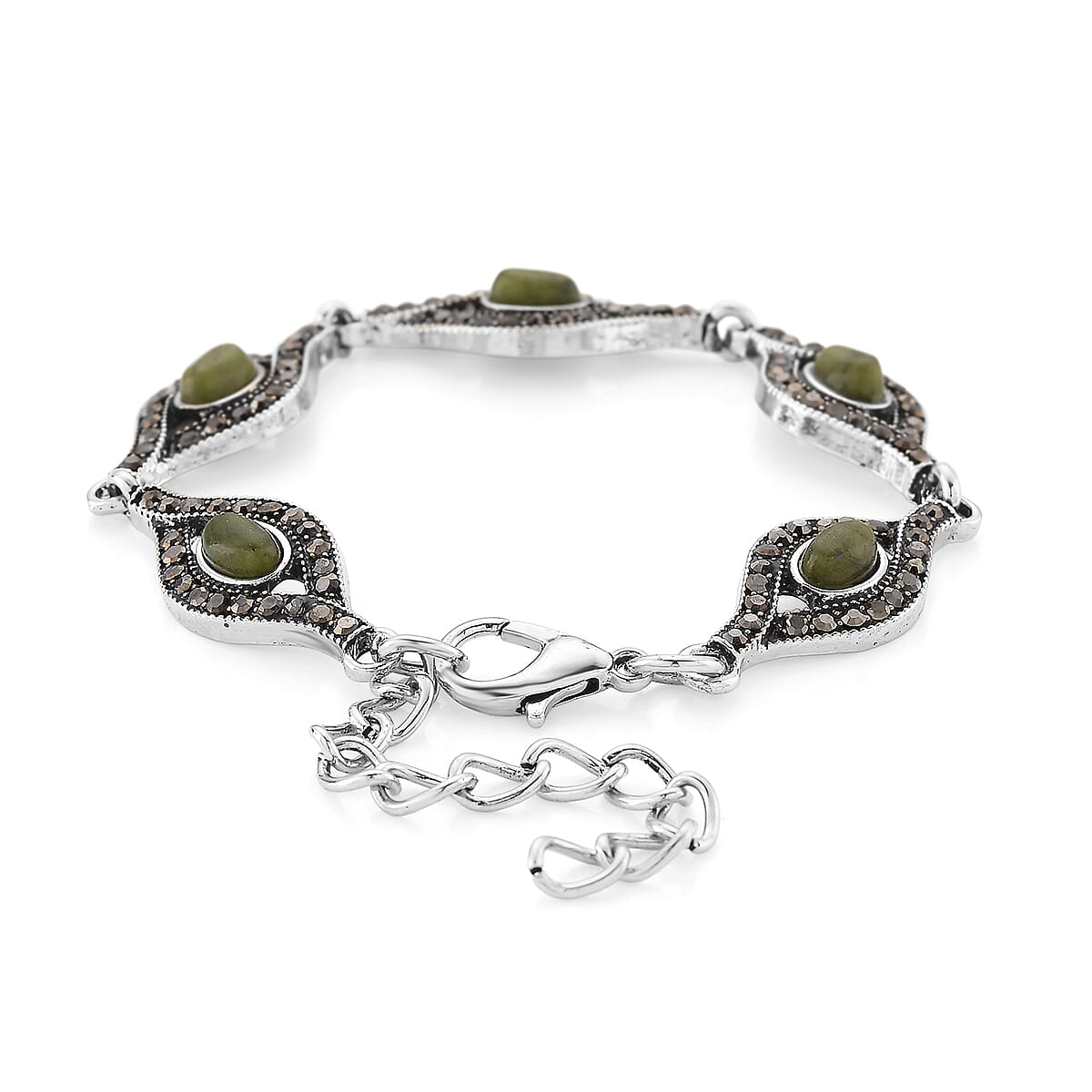 Connemara Marble and Austrian Crystal Beaded 22.00 ctw Irish Eye Bracelet in Silvertone (6.5-8.5In)  image number 4