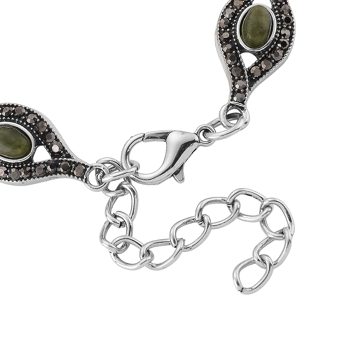 Connemara Marble and Austrian Crystal Beaded 22.00 ctw Irish Eye Bracelet in Silvertone (6.5-8.5In)  image number 5