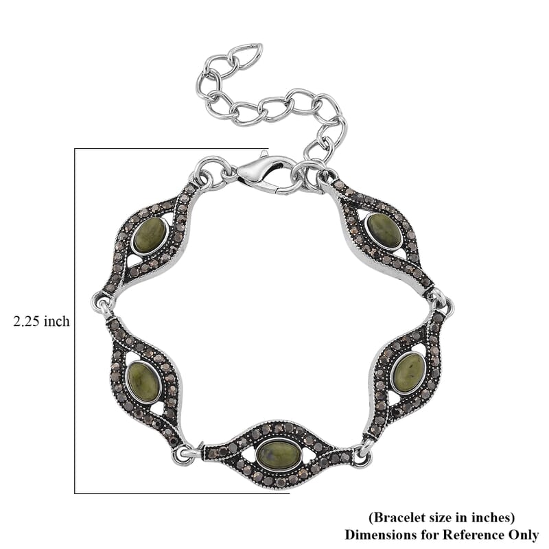 Connemara Marble and Austrian Crystal Beaded 22.00 ctw Irish Eye Bracelet in Silvertone (6.5-8.5In)
