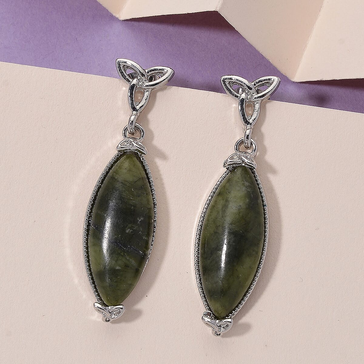 Connemara Marble Beads 30.00 ctw Celtic Knot Earrings in Silvertone  image number 1