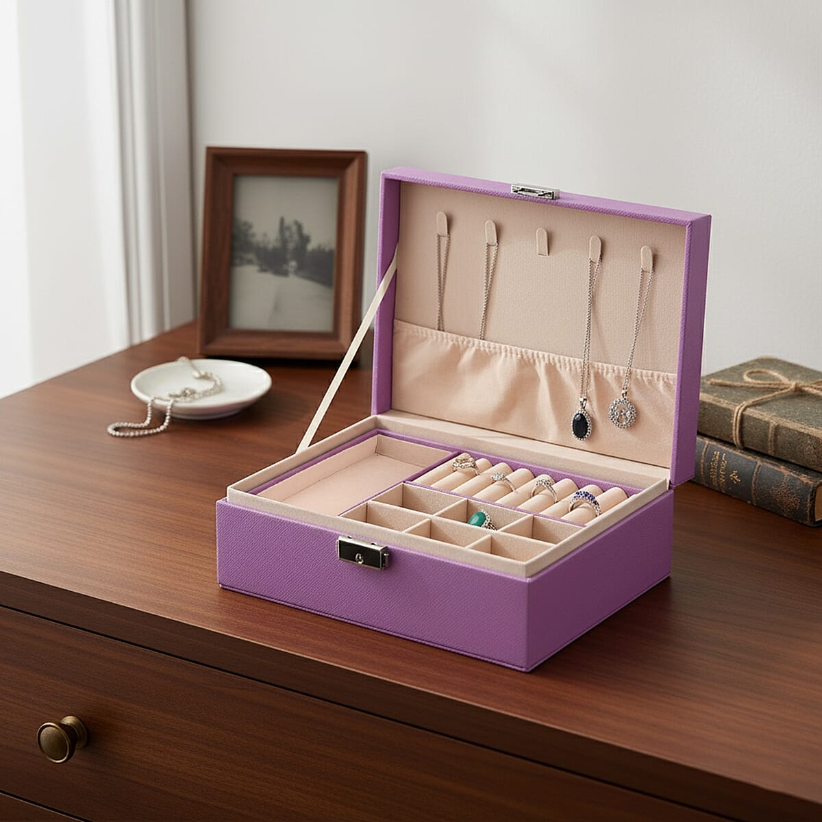 Purple Faux Leather 2 Layer Jewelry Box  image number 1