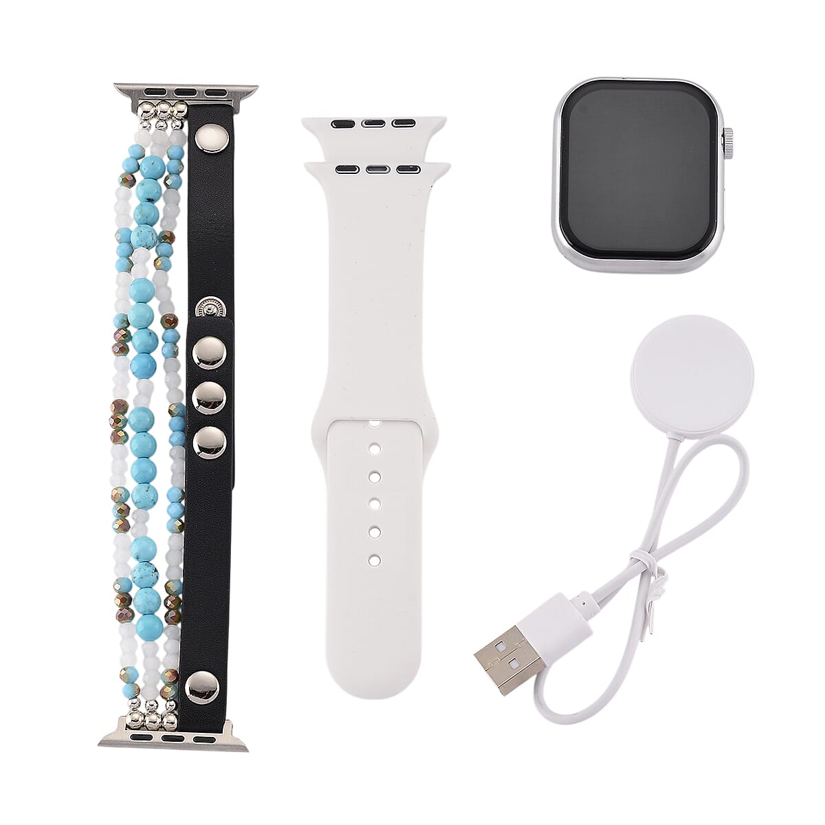 S9 Multi Functional Smart Watch with White Silicone and Blue Howlite with Crystal Faux Leather Strap image number 0