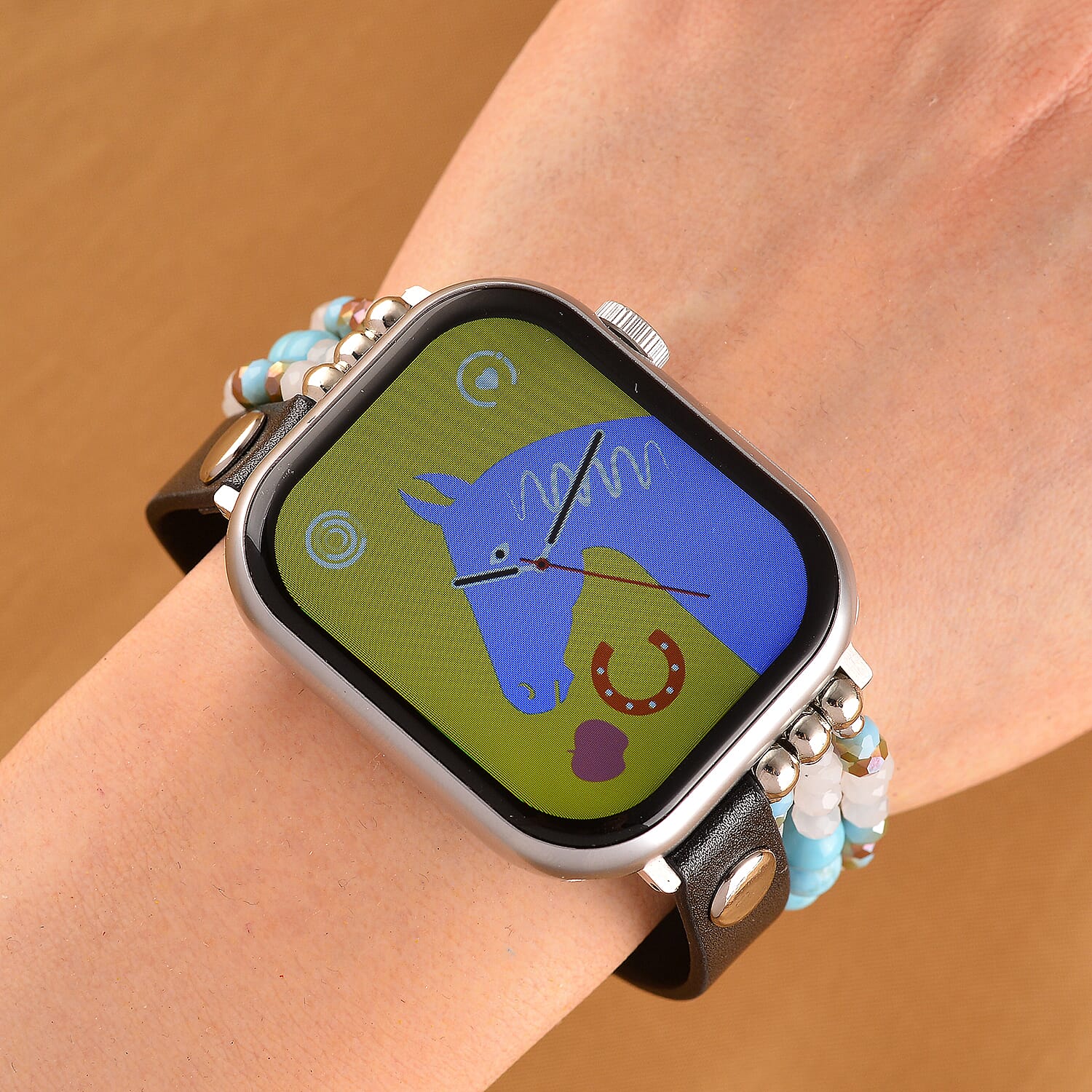 S9 Multi Functional Smart Watch with White Silicone and Blue Howlite with Crystal Faux Leather Strap
