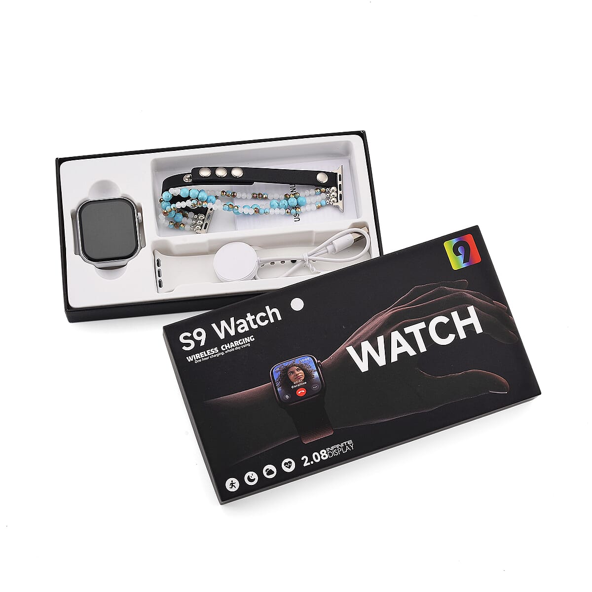 S9 Multi Functional Smart Watch with White Silicone and Blue Howlite with Crystal Faux Leather Strap image number 2