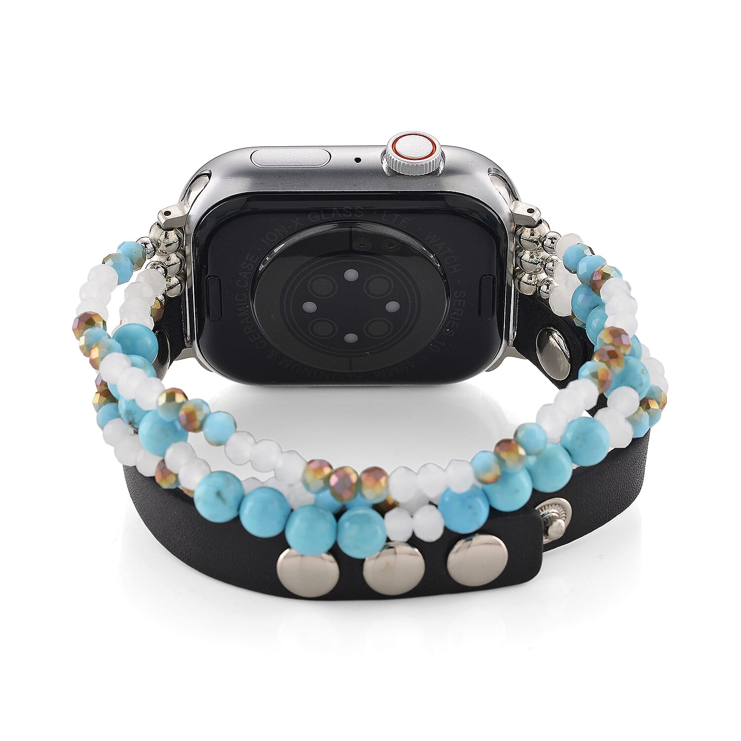 S9 Multi Functional Smart Watch with White Silicone and Blue Howlite with Crystal Faux Leather Strap