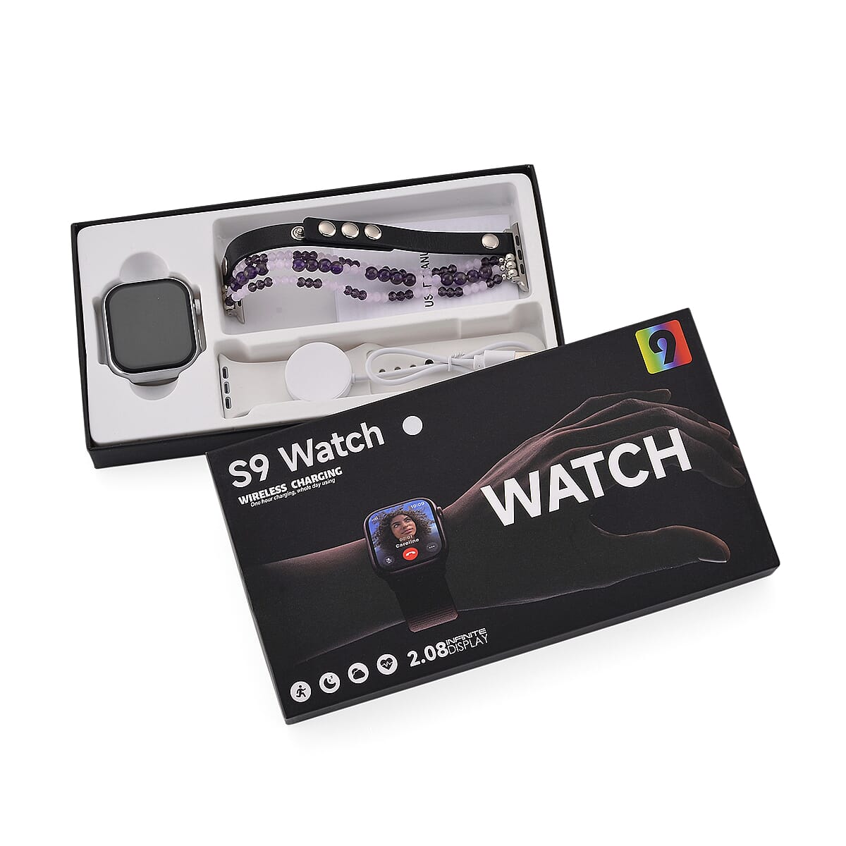 S9 Multi Functional Smart Watch with White Silicone and Amethyst with Crystal Faux Leather Strap image number 9