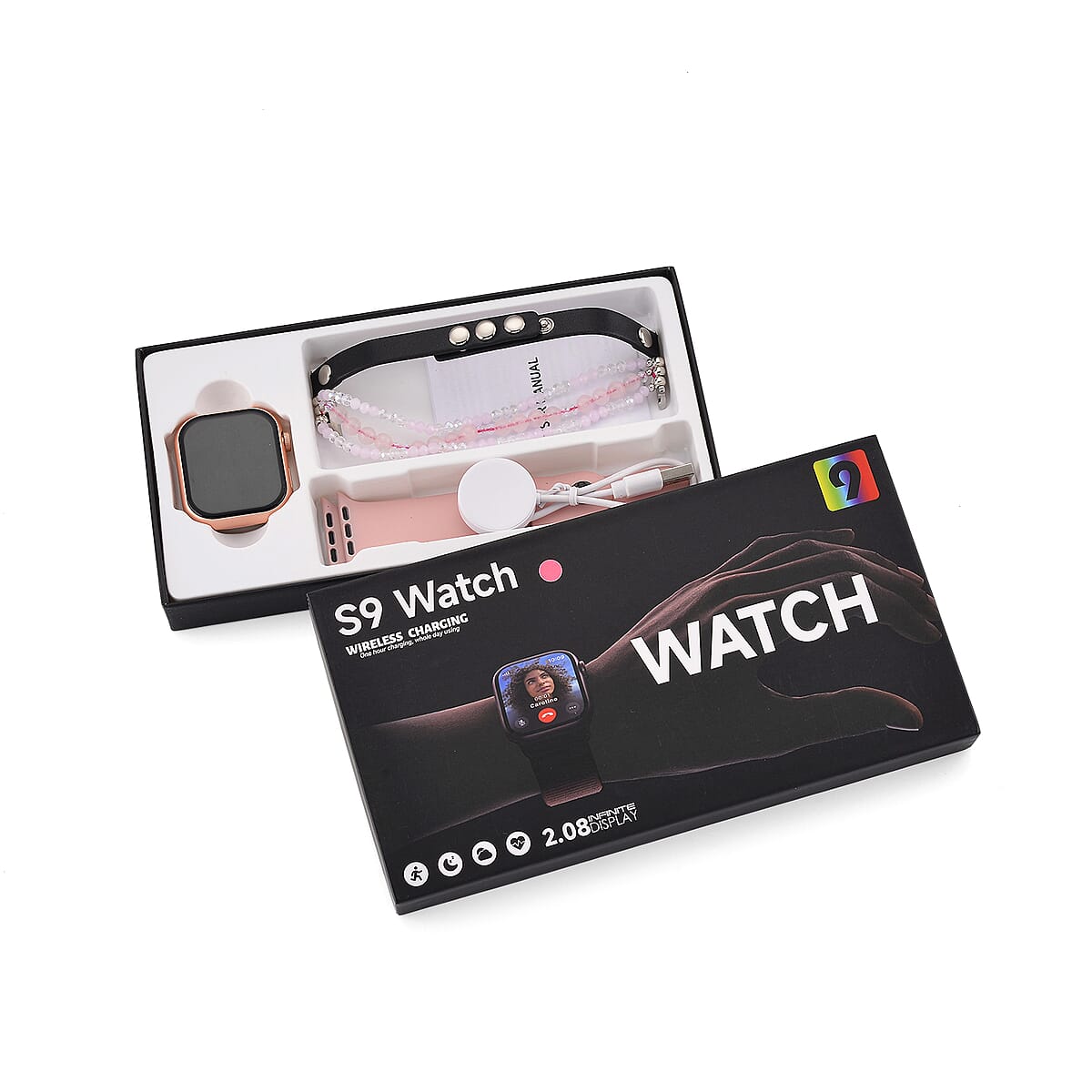 S9 Multi Functional Smart Watch with Pink Silicone and Rose Quartz with Crystal Faux Leather Strap image number 9