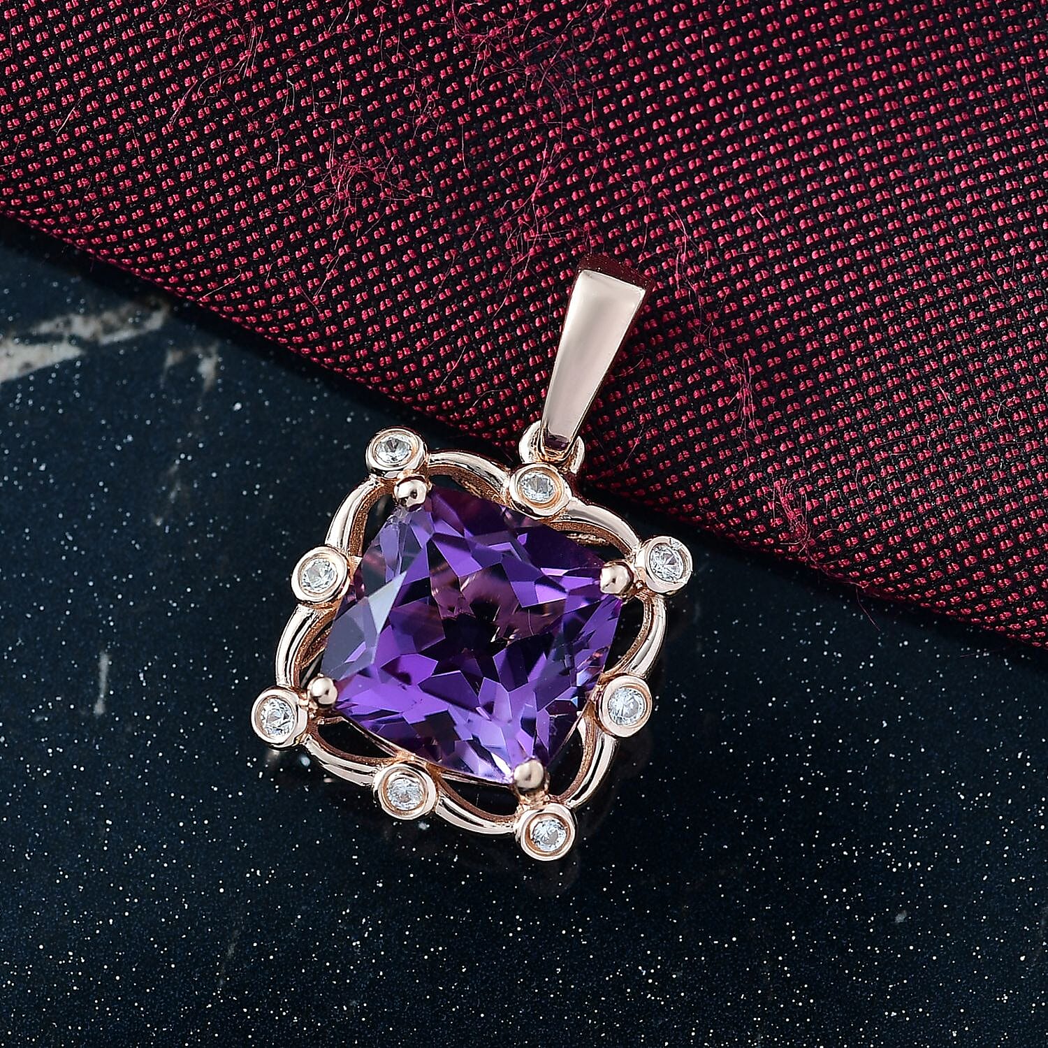 D'Joy Rose De France Amethyst and White Zircon 4.60 ctw Pendant in 18K RG Over Sterling Silver