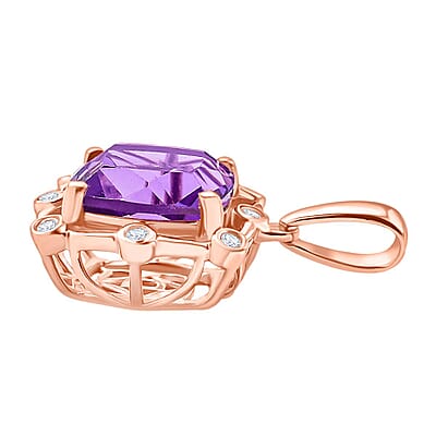 D'Joy Rose De France Amethyst and White Zircon 4.60 ctw Pendant in 18K RG Over Sterling Silver