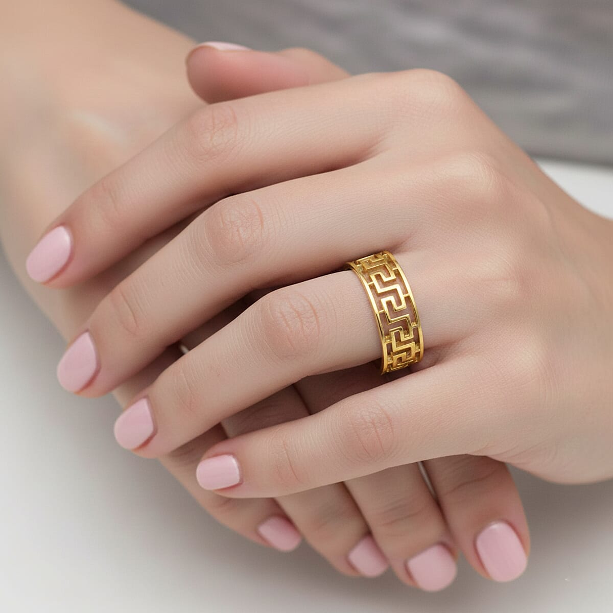 Timeless Greek Key Band Ring in ION Plated YG Stainless Steel (Size 7.0) image number 2