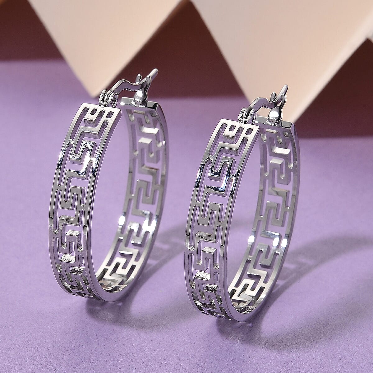 Timeless Greek Key Hoop Earrings in Stainless Steel image number 1