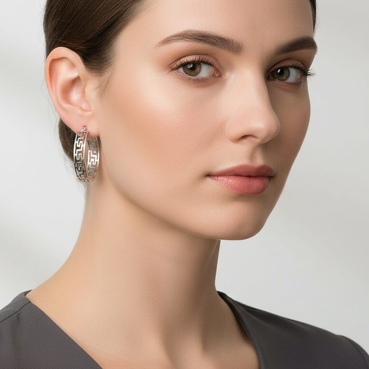 Timeless Greek Key Hoop Earrings in Stainless Steel image number 2