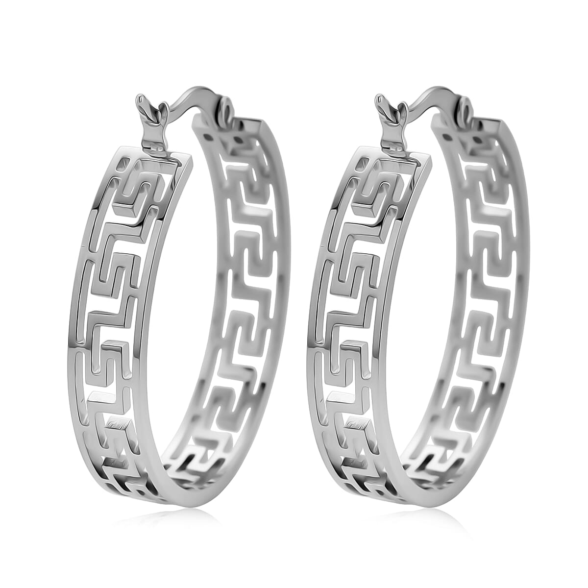 Timeless Greek Key Hoop Earrings in Stainless Steel image number 4