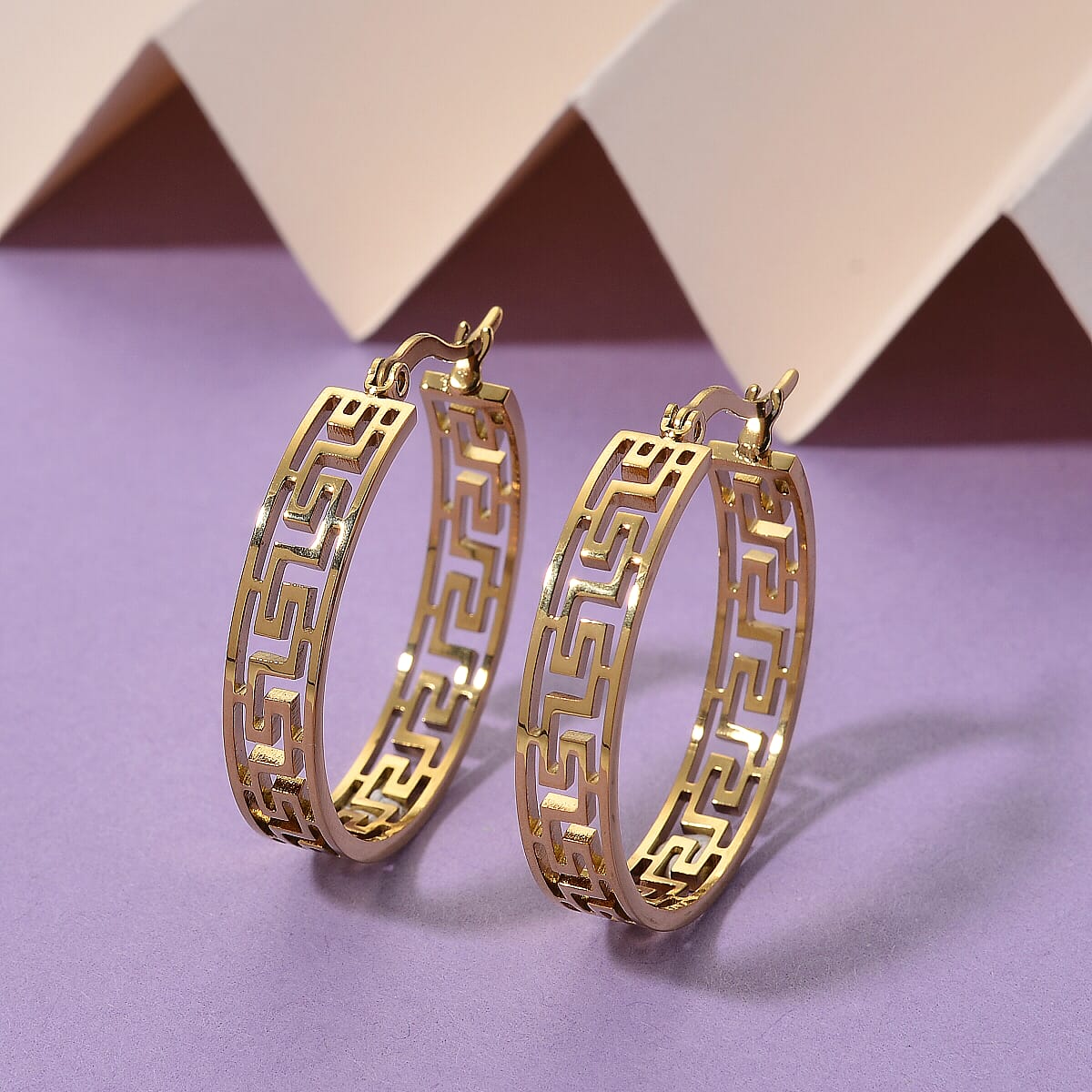 Timeless Greek Key Hoop Earrings in ION Plated YG Stainless Steel image number 1