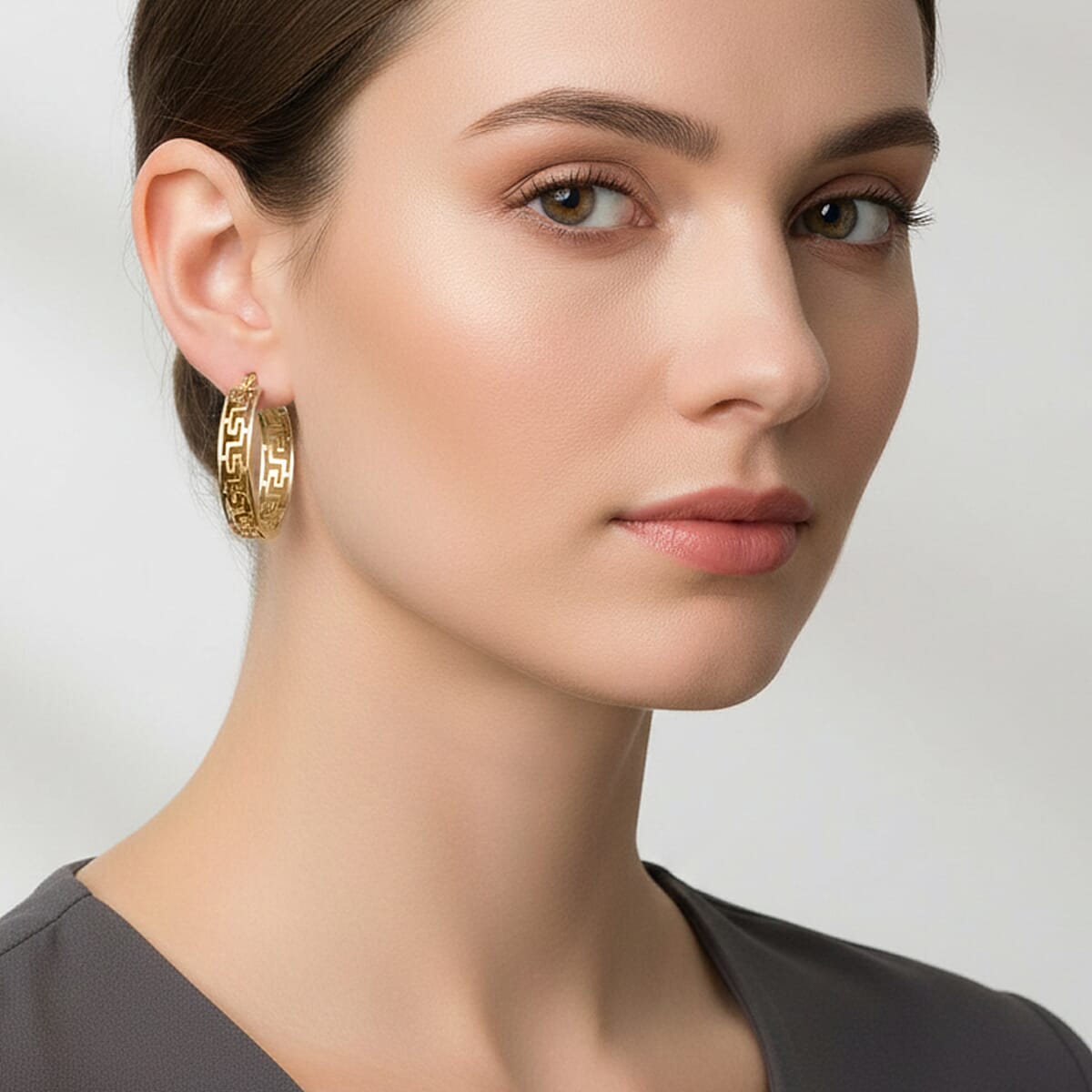 Timeless Greek Key Hoop Earrings in ION Plated YG Stainless Steel image number 2