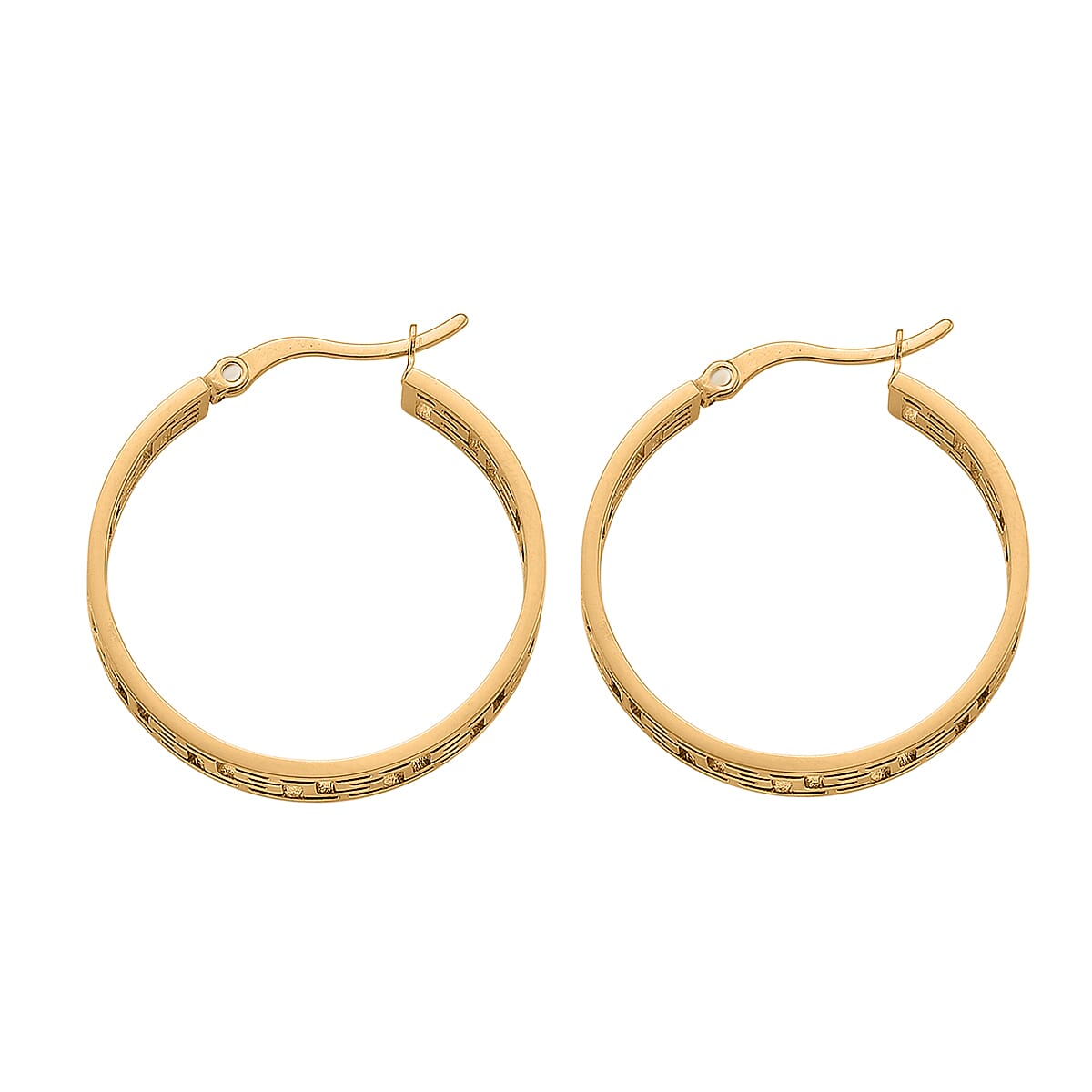 Timeless Greek Key Hoop Earrings in ION Plated YG Stainless Steel image number 3