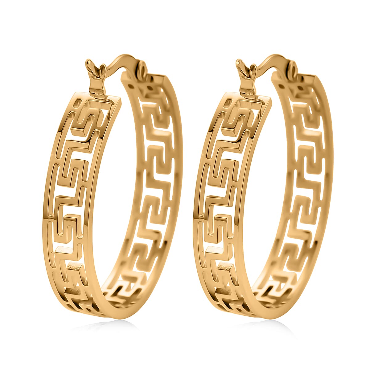 Timeless Greek Key Hoop Earrings in ION Plated YG Stainless Steel image number 4