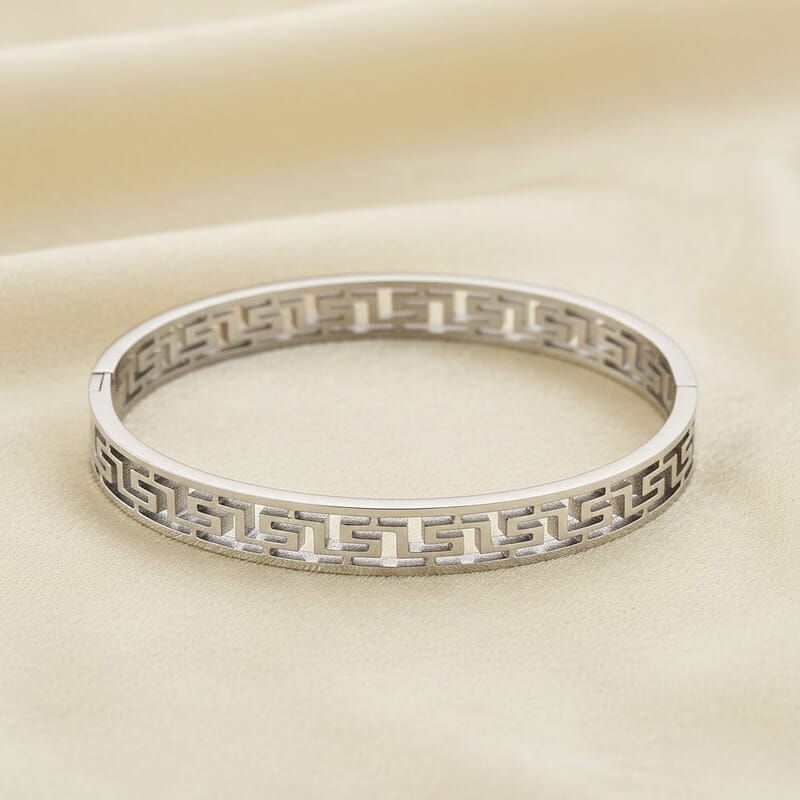 Greek Key Bangle Bracelet in Stainless Steel (7.25 Inches)