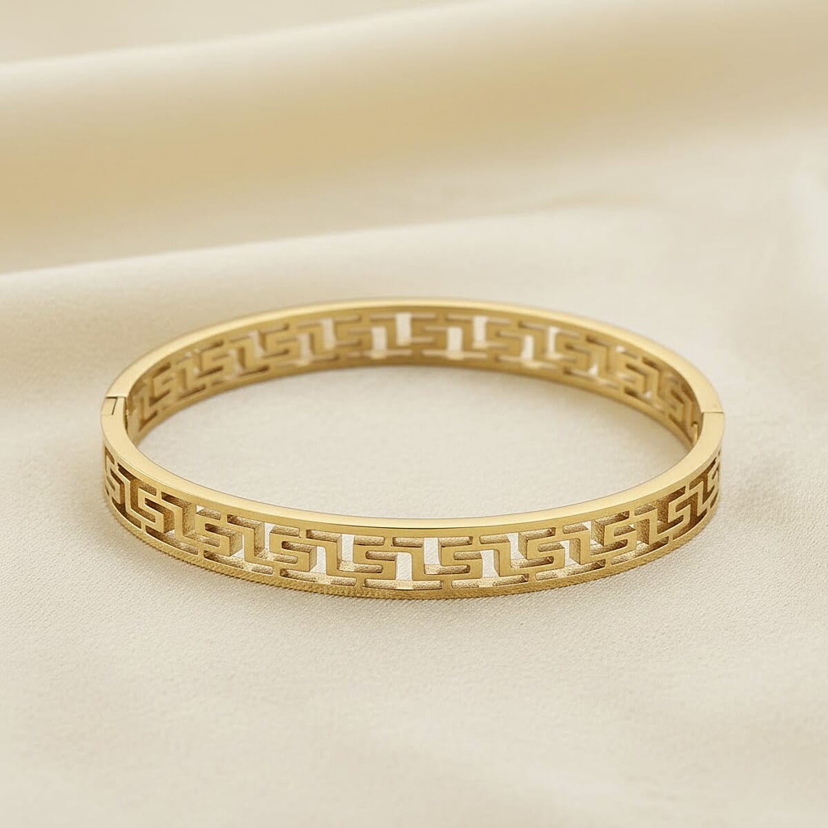 Timeless Greek Key Bangle Bracelet in ION Plated YG Stainless Steel (7.25 In) image number 1