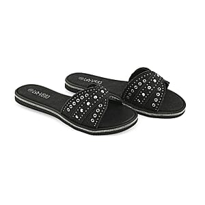 LOVE 83 Black Denim Stud and Rhinestone Slides - Size 6