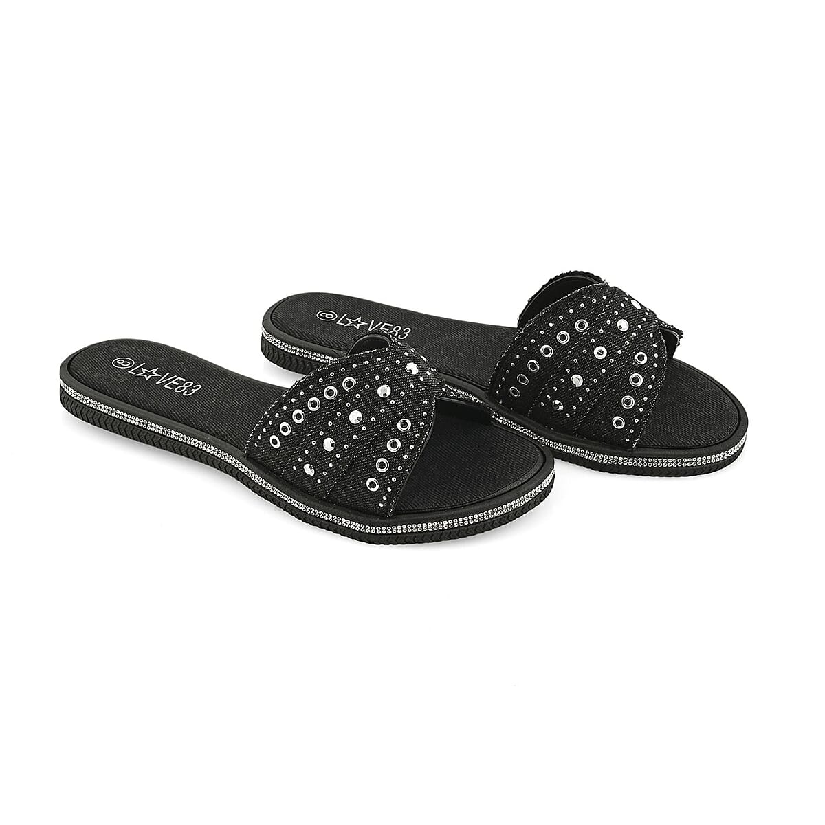LOVE 83 Black Denim Stud and Rhinestone Slides - M image number 0