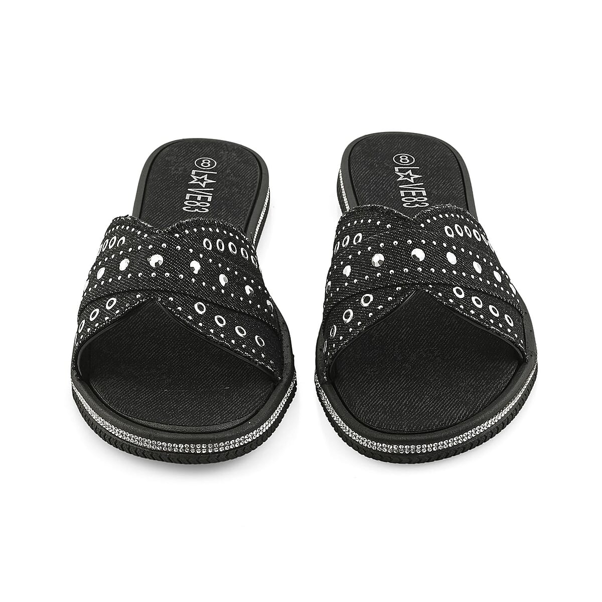 LOVE 83 Black Denim Stud and Rhinestone Slides - M image number 1