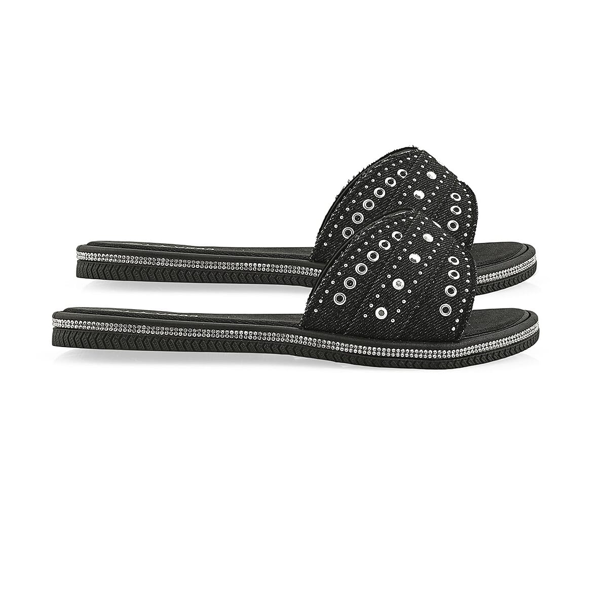 LOVE 83 Black Denim Stud and Rhinestone Slides - M image number 2